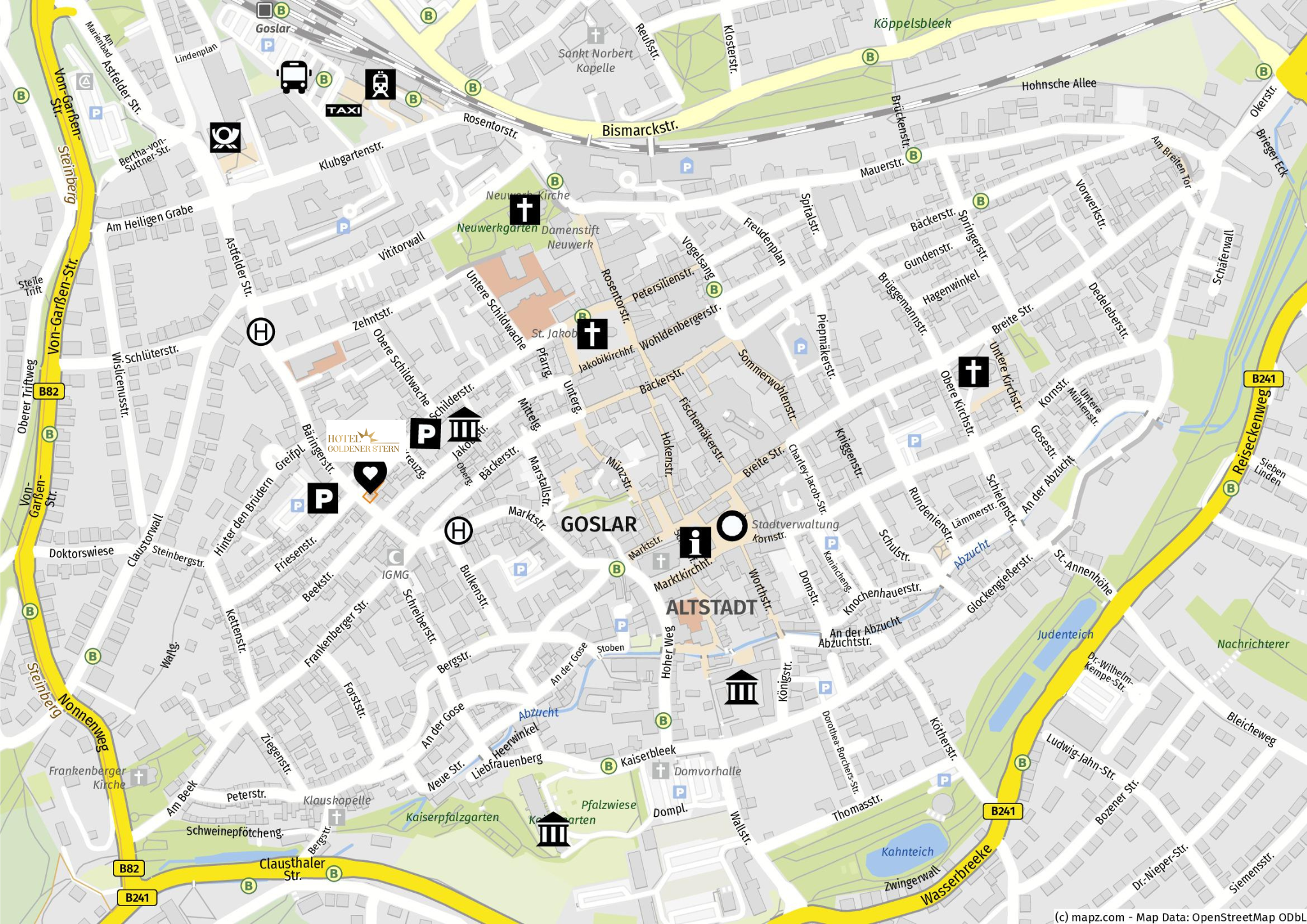 Originaler Stadtplan von Goslar mit Herzmarkierung für Hotel Goldener Stern und Restaurant Platon an der Bäringerstraße.